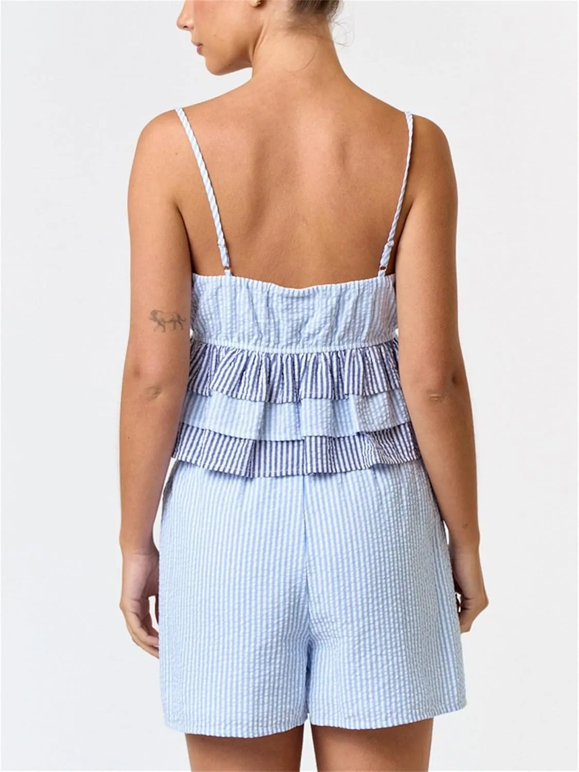 Womens Stripe Camisole Pajama Set V Neck Spaghetti Strap Layered Ruffle Tank Tops Striped Shorts 2 Piece Loungewear Set