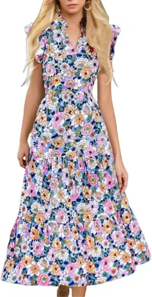 Women's Summer Boho Flowy Midi Dress, Fashion Floral Print Cap Sleeve V-Neck Casual Clothes Ruched High Waist Dresses