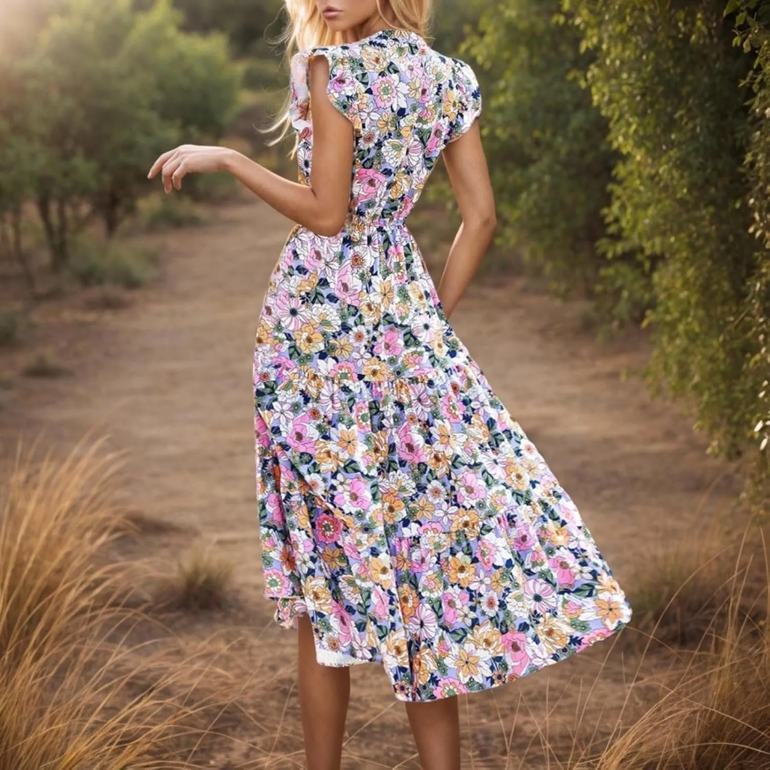 Women's Summer Boho Flowy Midi Dress, Fashion Floral Print Cap Sleeve V-Neck Casual Clothes Ruched High Waist Dresses