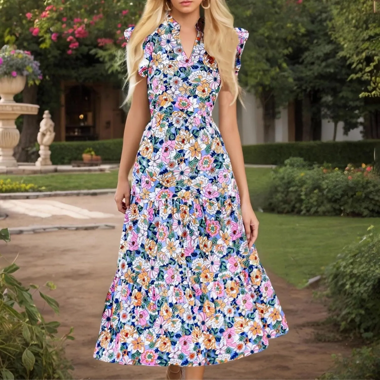 Women's Summer Boho Flowy Midi Dress, Fashion Floral Print Cap Sleeve V-Neck Casual Clothes Ruched High Waist Dresses