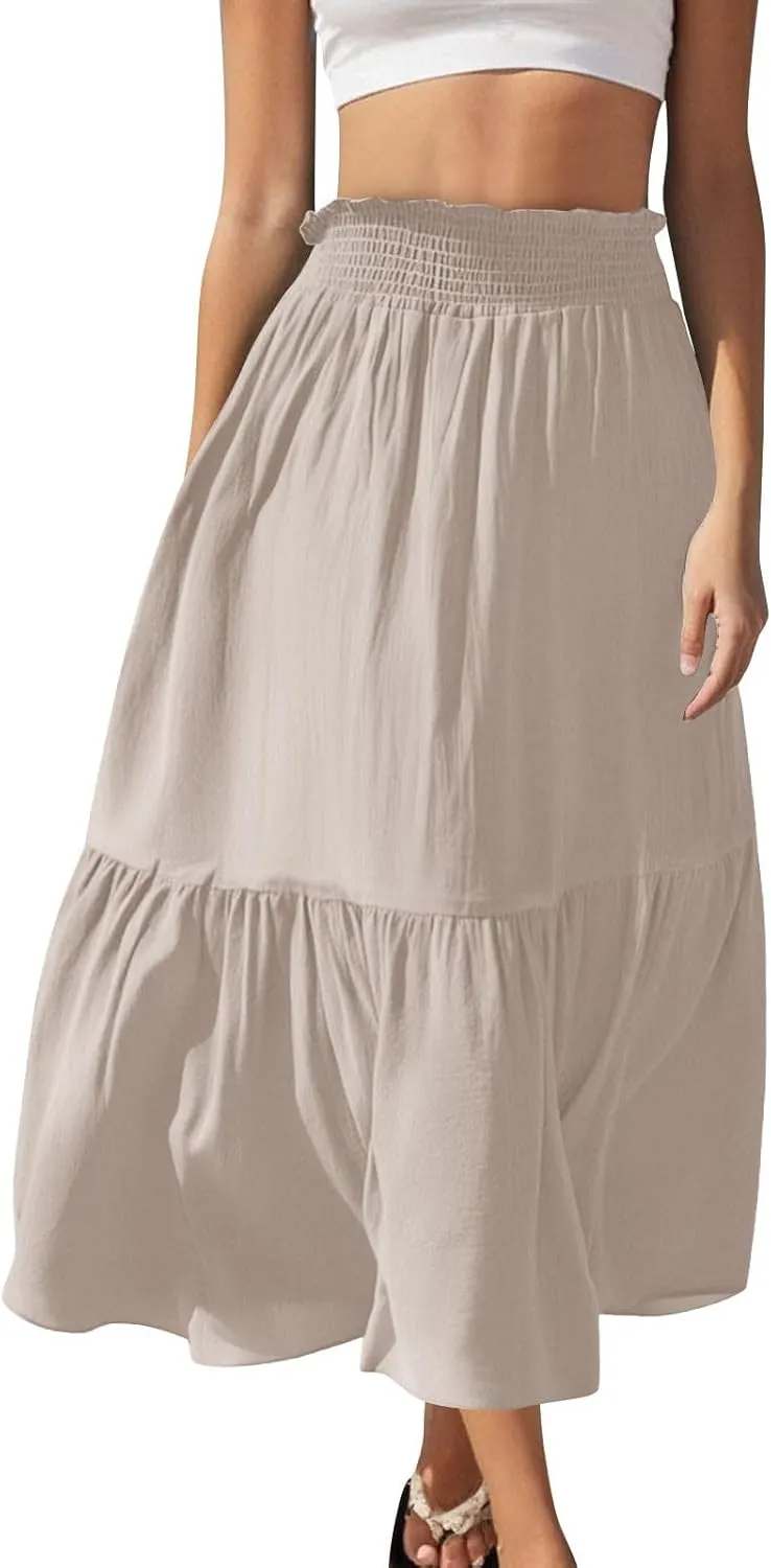 Womens Summer Boho Flowy Swing Tiered A-Line Maxi Skirt 2025 Fashion Trendy Elastic Waist Pleated Long Beach Dress