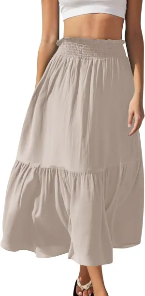 Womens Summer Boho Flowy Swing Tiered A-Line Maxi Skirt 2025 Fashion Trendy Elastic Waist Pleated Long Beach Dress
