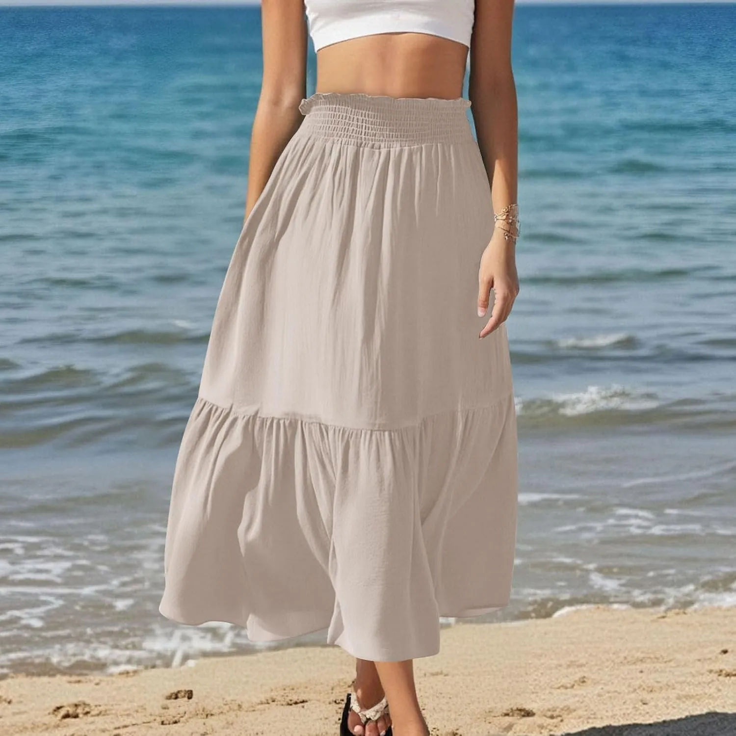 Womens Summer Boho Flowy Swing Tiered A-Line Maxi Skirt 2025 Fashion Trendy Elastic Waist Pleated Long Beach Dress
