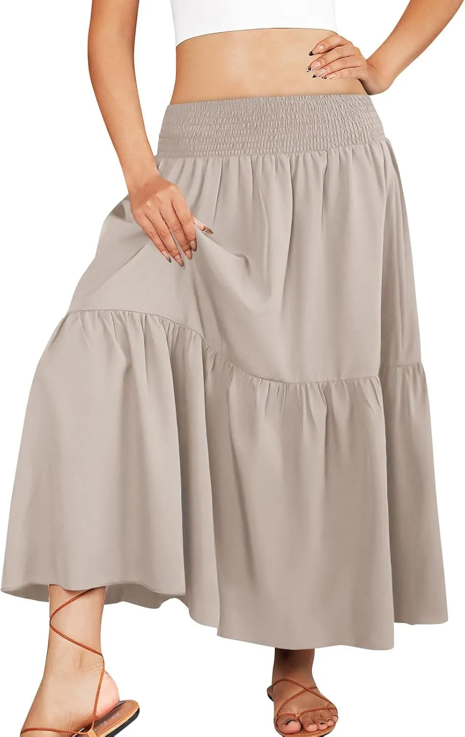 Womens Summer Boho Flowy Swing Tiered A-Line Maxi Skirt 2025 Fashion Trendy Elastic Waist Pleated Long Beach Dress