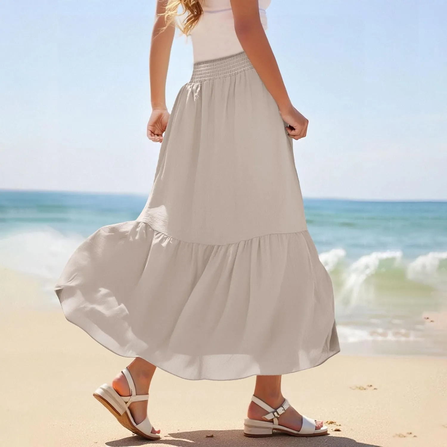 Womens Summer Boho Flowy Swing Tiered A-Line Maxi Skirt 2025 Fashion Trendy Elastic Waist Pleated Long Beach Dress