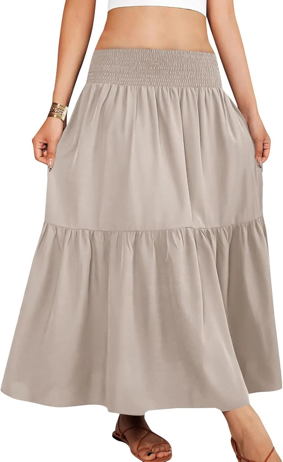 Womens Summer Boho Flowy Swing Tiered A-Line Maxi Skirt 2025 Fashion Trendy Elastic Waist Pleated Long Beach Dress