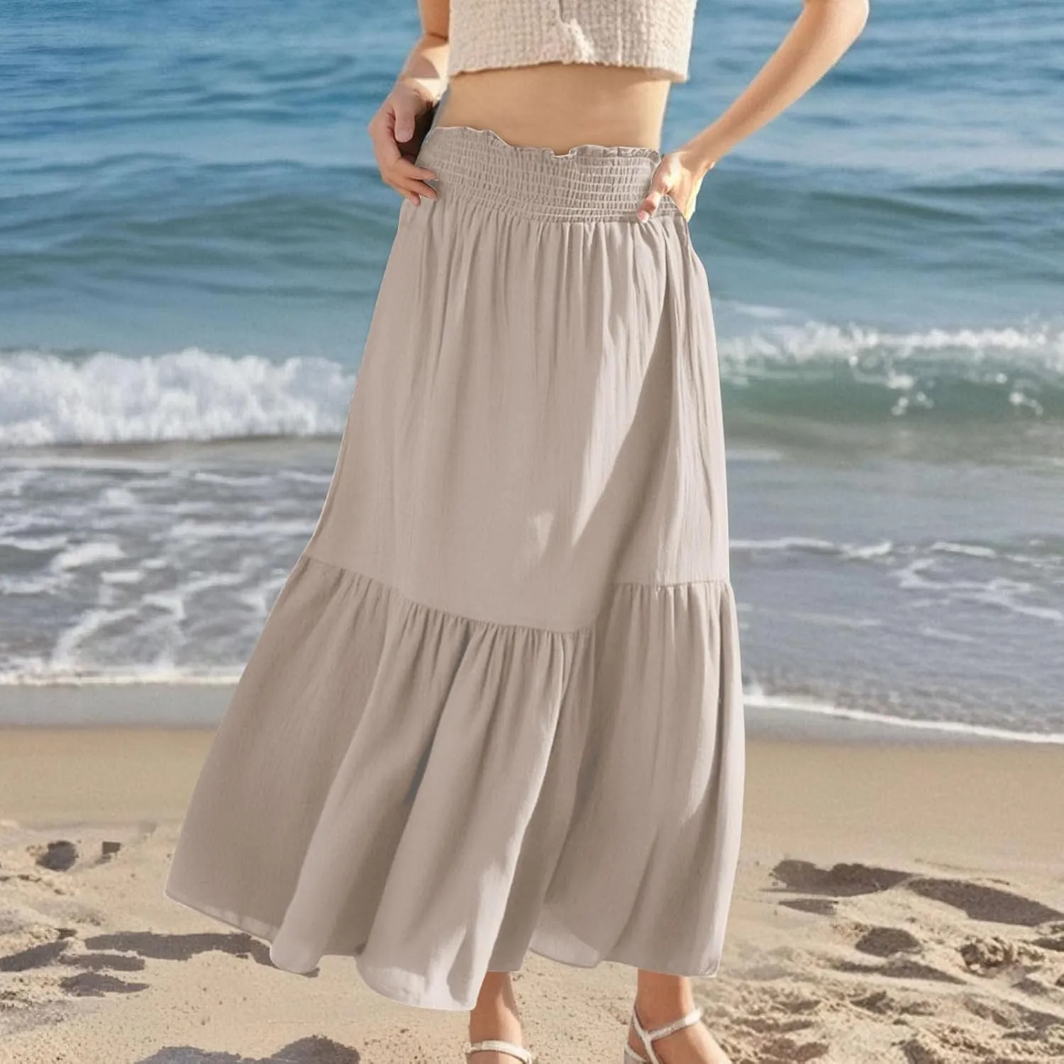 Womens Summer Boho Flowy Swing Tiered A-Line Maxi Skirt 2025 Fashion Trendy Elastic Waist Pleated Long Beach Dress