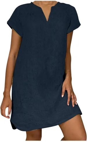 Womens Summer Cotton Linen Dresses Casual V Neck Short Sleeve Midi Dress Floral Embroidery Shirt Dress Plus Size S-5X Deals of The Day 2024 Vacation Sun Dresses Women, 3X-Large, Dark Blue R