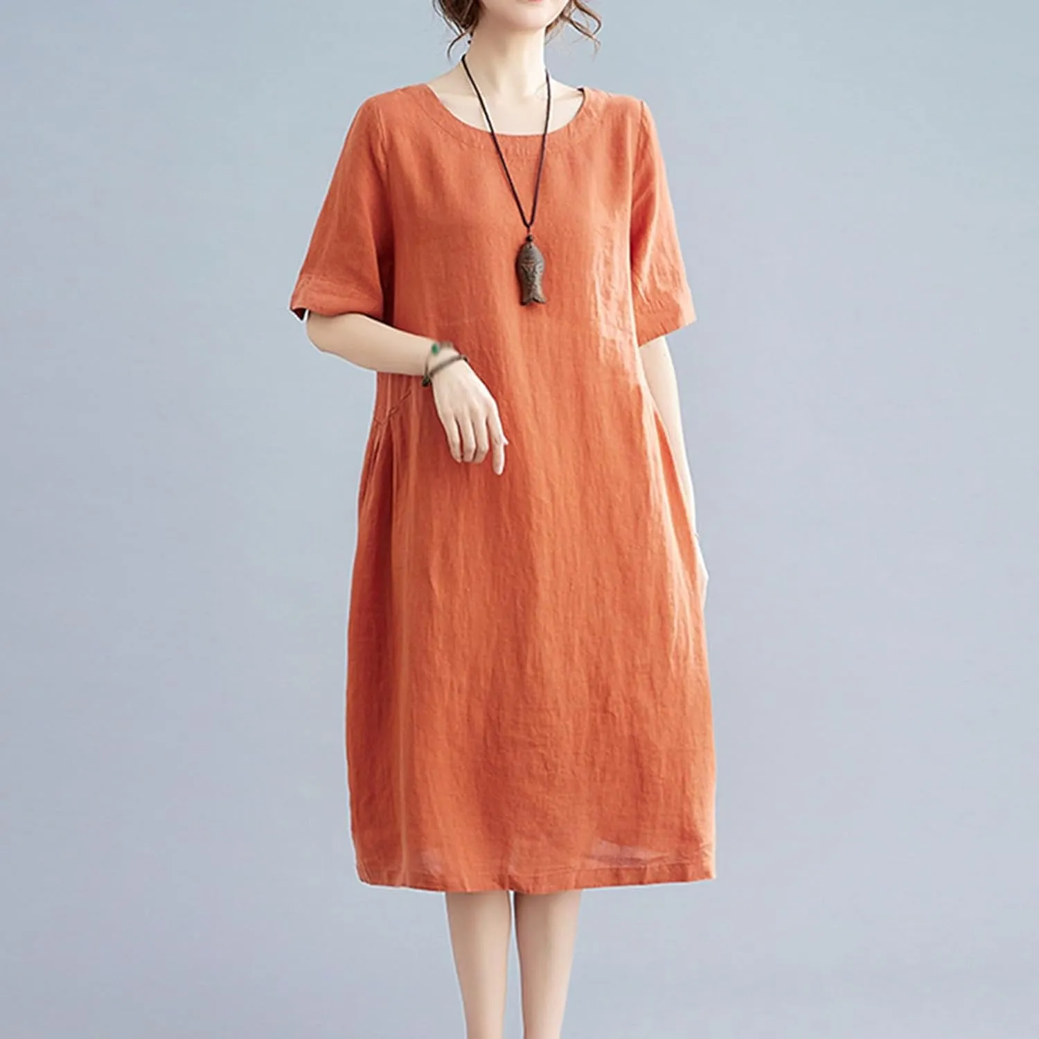 Women's Summer Cotton Linen Dresses with Pockets Solid Color Short Sleeve Crew Neck Casual Loose Fit Midi Dress