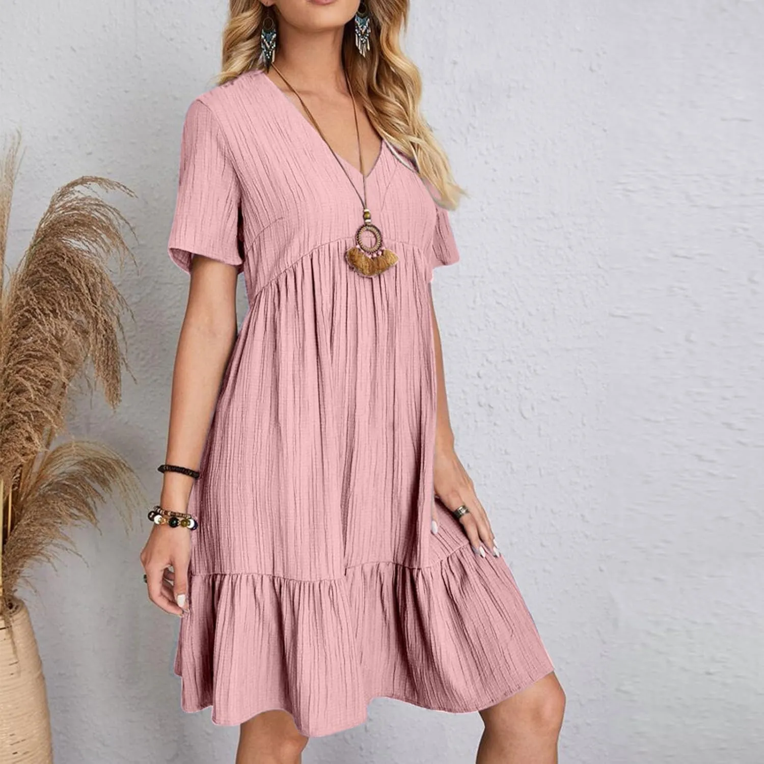 Womens Summer Dresses Trendy Short Sleeve V Neck A Line Ruffle Tiered Flowy Casual Mini Beach Dress Tshirt Sundress