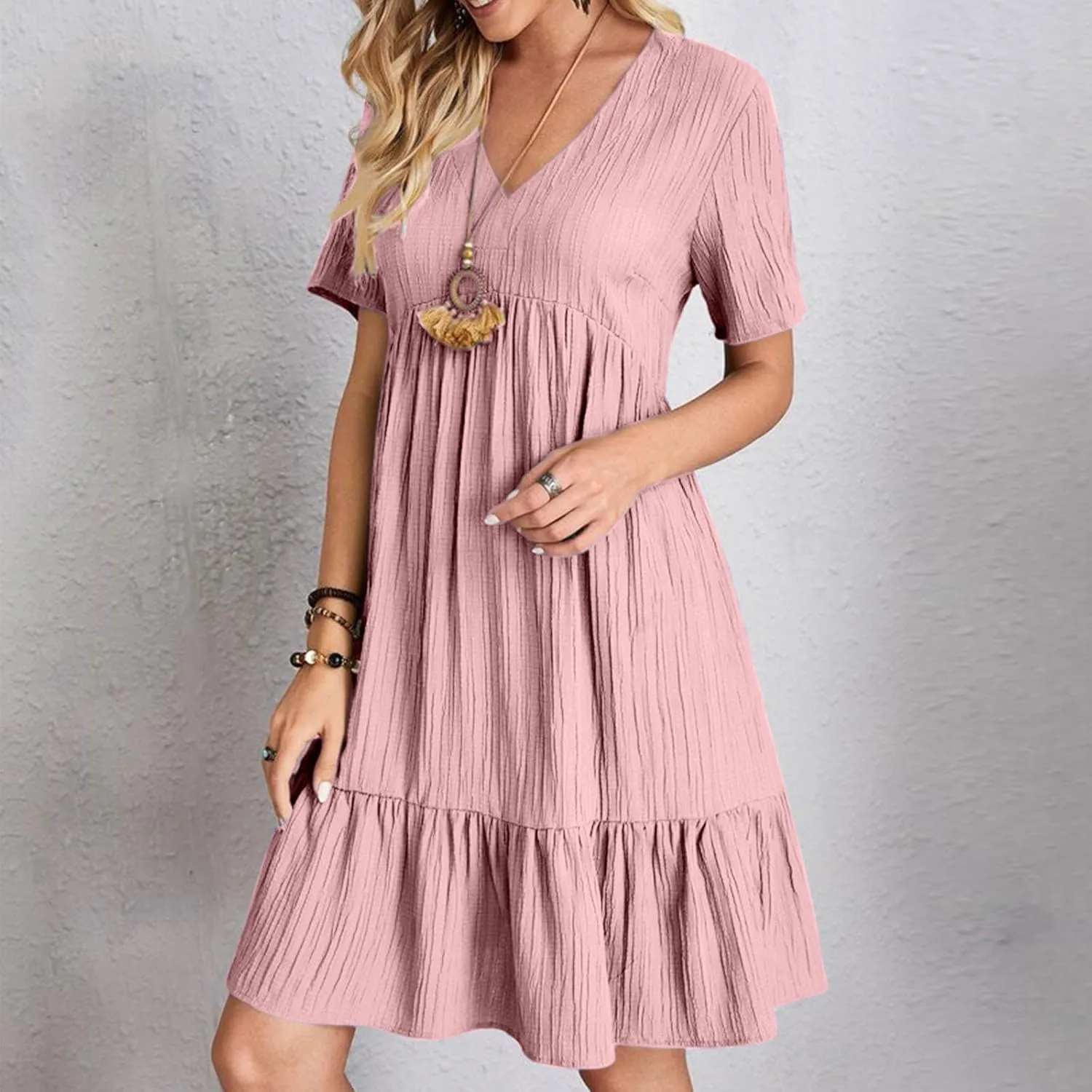 Womens Summer Dresses Trendy Short Sleeve V Neck A Line Ruffle Tiered Flowy Casual Mini Beach Dress Tshirt Sundress