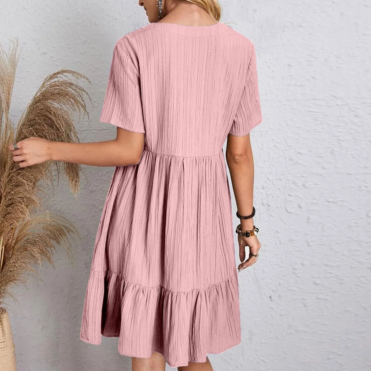 Womens Summer Dresses Trendy Short Sleeve V Neck A Line Ruffle Tiered Flowy Casual Mini Beach Dress Tshirt Sundress