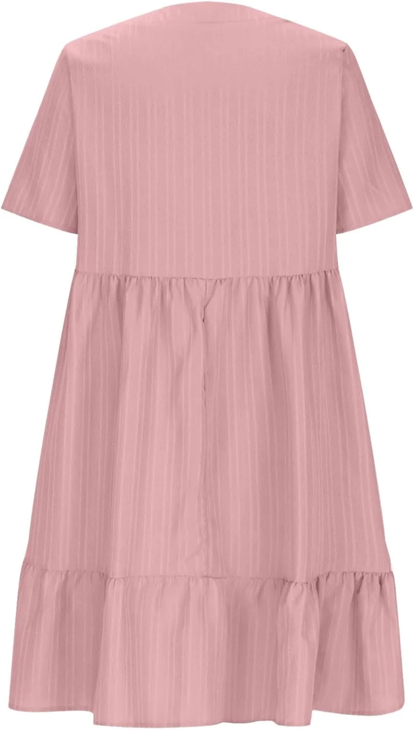 Womens Summer Dresses Trendy Short Sleeve V Neck A Line Ruffle Tiered Flowy Casual Mini Beach Dress Tshirt Sundress