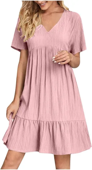 Womens Summer Dresses Trendy Short Sleeve V Neck A Line Ruffle Tiered Flowy Casual Mini Beach Dress Tshirt Sundress