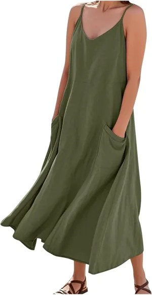 Women's Summer Maxi Dress Casual Boho Spaghetti Strap Dresses Beach Vacation Pockets Sundress Solid Travel Clothes