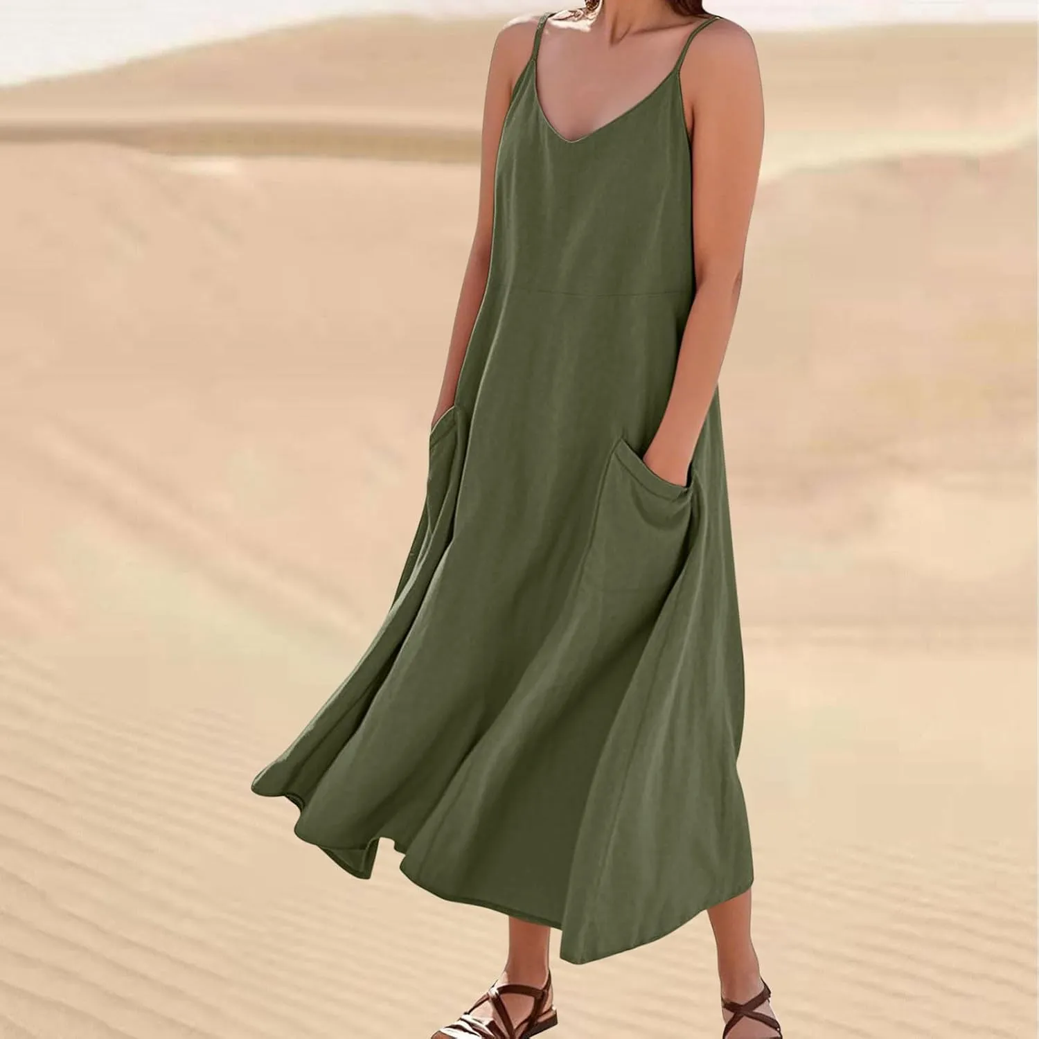 Women's Summer Maxi Dress Casual Boho Spaghetti Strap Dresses Beach Vacation Pockets Sundress Solid Travel Clothes