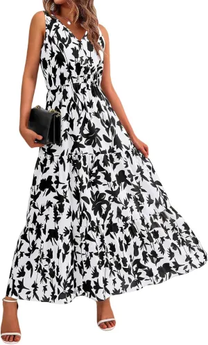 Womens Summer Maxi Dress Casual Flowy Sleeveless Sundress Boho Floral V Neck Long Dresses Beach Long Dress