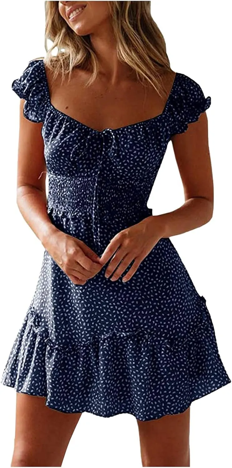 Women's Summer Ruffle Sleeve Mini Dress Sweetheart Neckline Printing Boho Beach Dresses 2025 Vacation Mini Sundress