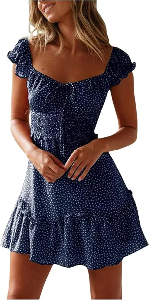 Women's Summer Ruffle Sleeve Mini Dress Sweetheart Neckline Printing Boho Beach Dresses 2025 Vacation Mini Sundress