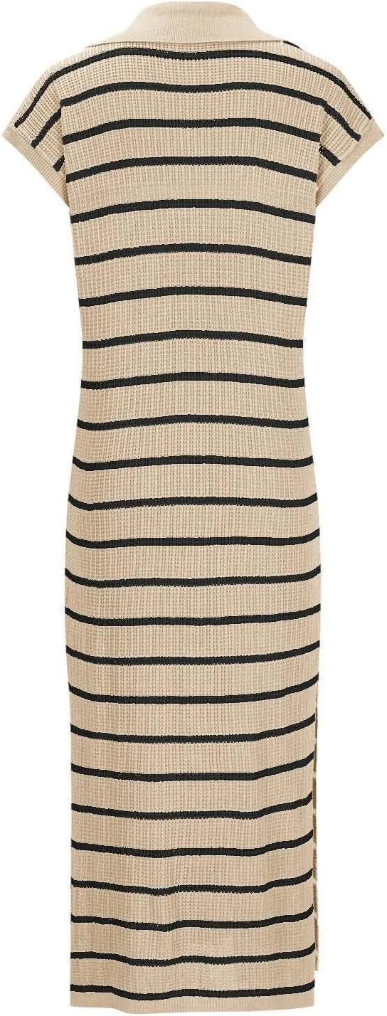 Women's Summer Striped Maxi Dress Casual Short Sleeve Loose Knitted Dress V Neck Collared Side Slit Sweater Dresses