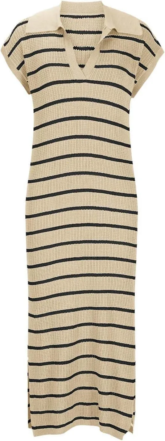 Women's Summer Striped Maxi Dress Casual Short Sleeve Loose Knitted Dress V Neck Collared Side Slit Sweater Dresses