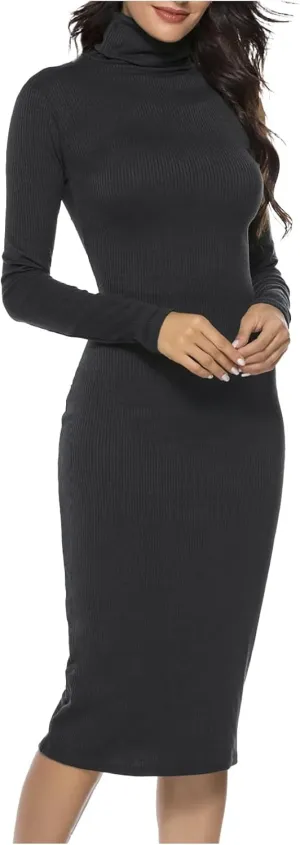 Women's Turtleneck Midi Sweater Dress Long Sleeve Bodycon Ribbed Knit Slim Fit Dress Sexy Office Midi Dresses