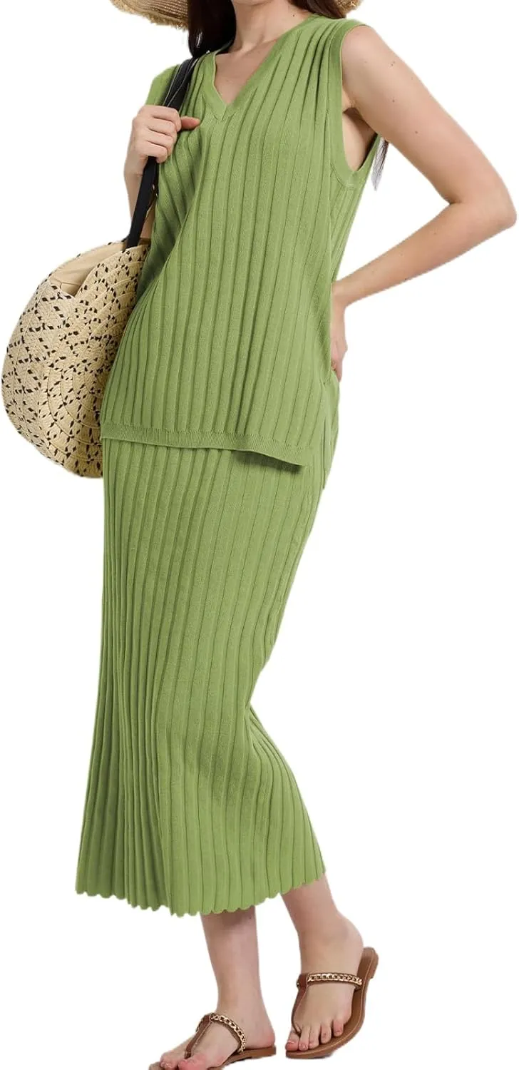 Womens Two Piece Sweater Skirt Sets Summer Outfits Knit Sets Sleeveless V Neck Knit Ribbed Vest Tops Midi Skirt