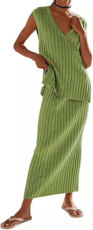Womens Two Piece Sweater Skirt Sets Summer Outfits Knit Sets Sleeveless V Neck Knit Ribbed Vest Tops Midi Skirt