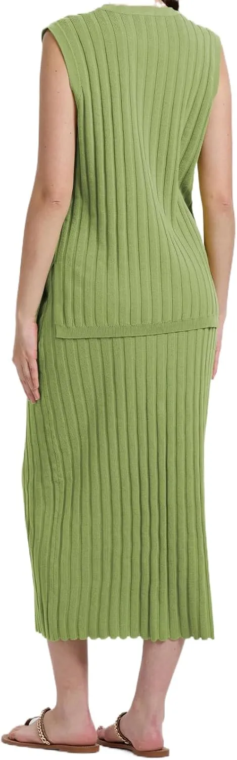 Womens Two Piece Sweater Skirt Sets Summer Outfits Knit Sets Sleeveless V Neck Knit Ribbed Vest Tops Midi Skirt