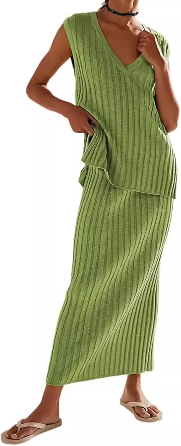Womens Two Piece Sweater Skirt Sets Summer Outfits Knit Sets Sleeveless V Neck Knit Ribbed Vest Tops Midi Skirt