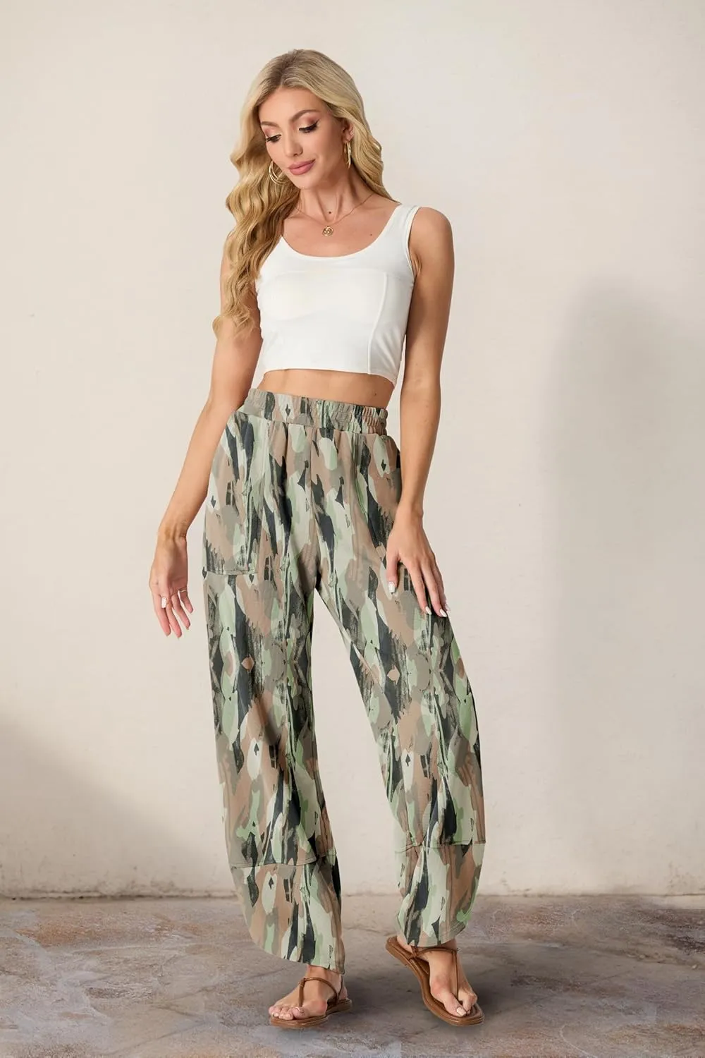 Womens Wide Leg Harem Pants Casual Loose Elastic Waist Solid Color Comfy Palazzo Lounge Baggy Sweatpants with Pockets
