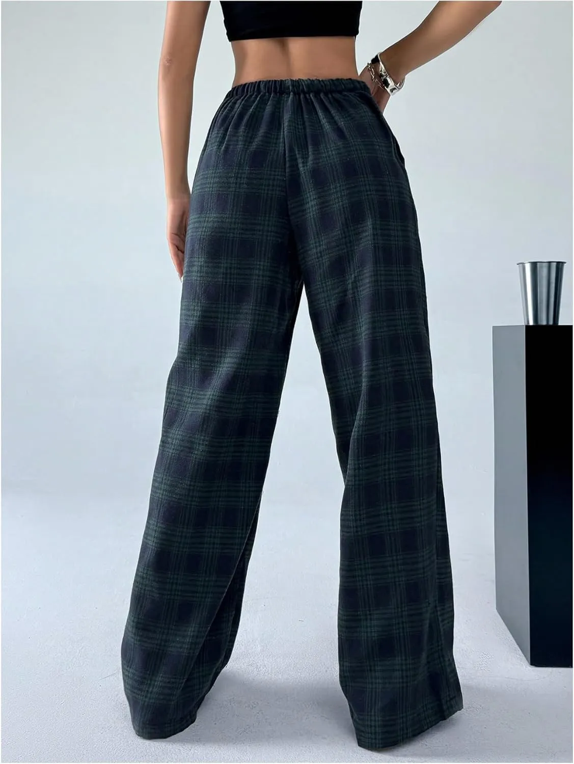 Women's Wide Leg Pants Y2K Drawstring Elastic High Waisted Plaid Pants Pajama with Pockets