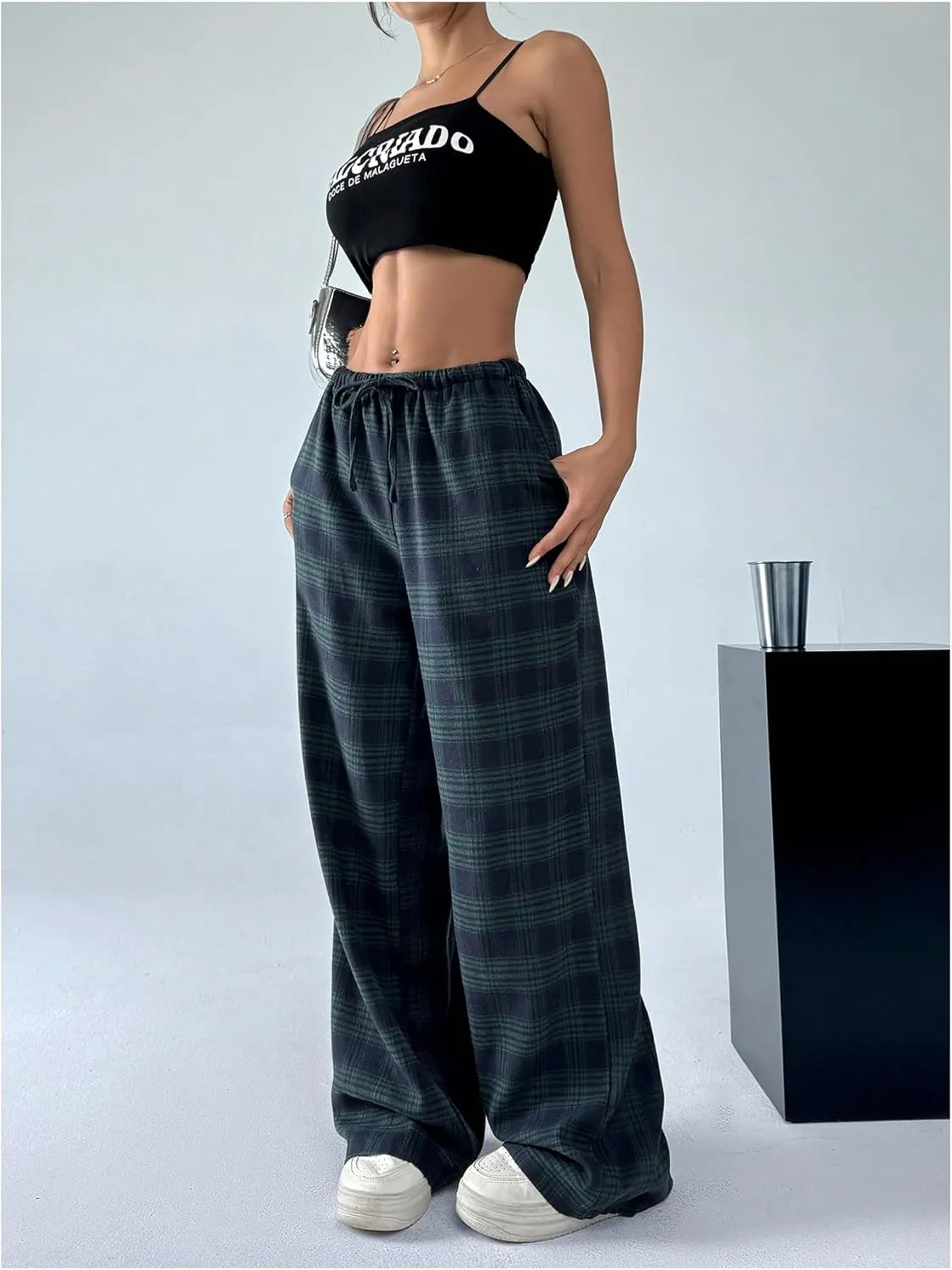 Women's Wide Leg Pants Y2K Drawstring Elastic High Waisted Plaid Pants Pajama with Pockets