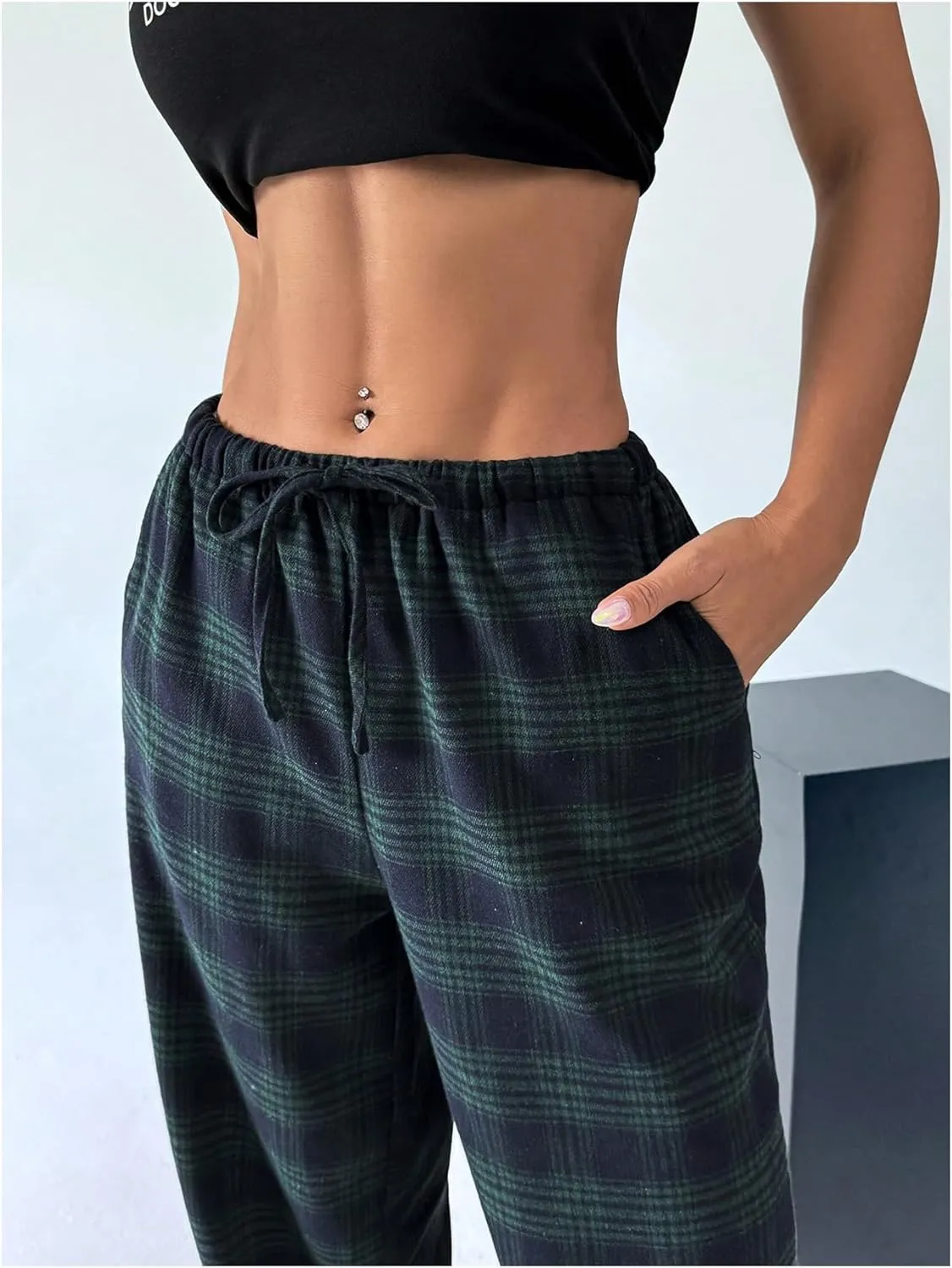 Women's Wide Leg Pants Y2K Drawstring Elastic High Waisted Plaid Pants Pajama with Pockets