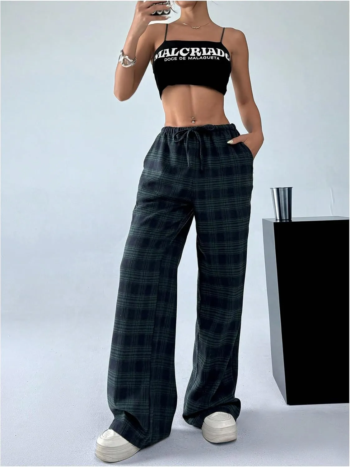 Women's Wide Leg Pants Y2K Drawstring Elastic High Waisted Plaid Pants Pajama with Pockets