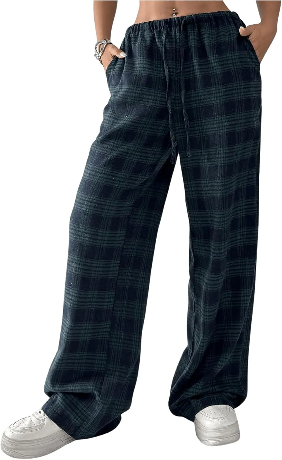 Women's Wide Leg Pants Y2K Drawstring Elastic High Waisted Plaid Pants Pajama with Pockets