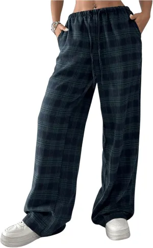 Women's Wide Leg Pants Y2K Drawstring Elastic High Waisted Plaid Pants Pajama with Pockets