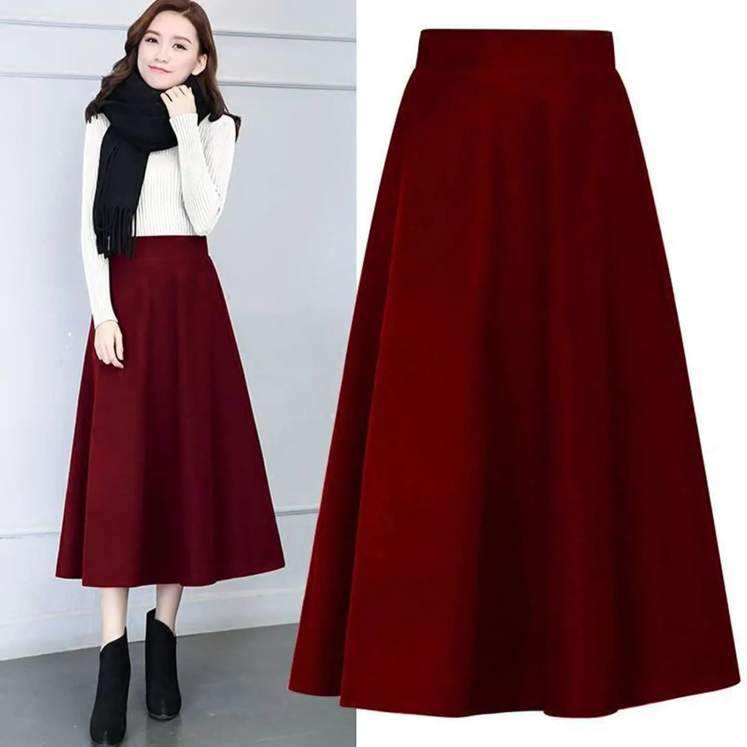 Womens Winter Vintage High Elastic Waist A Line Pleated Wool Midi Skirt 50S Pleated Midi Skirt A-Line Vintage Swing Skirt
