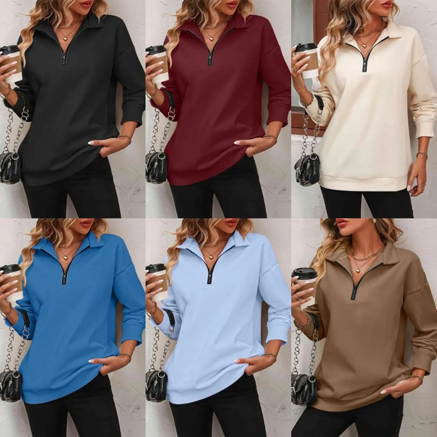 Womens Zip-Up Dropped Shoulder Sweatshirt 2025 Fall Winter Long Sleeve Half Zip Pullover Women Oversized Hoodie