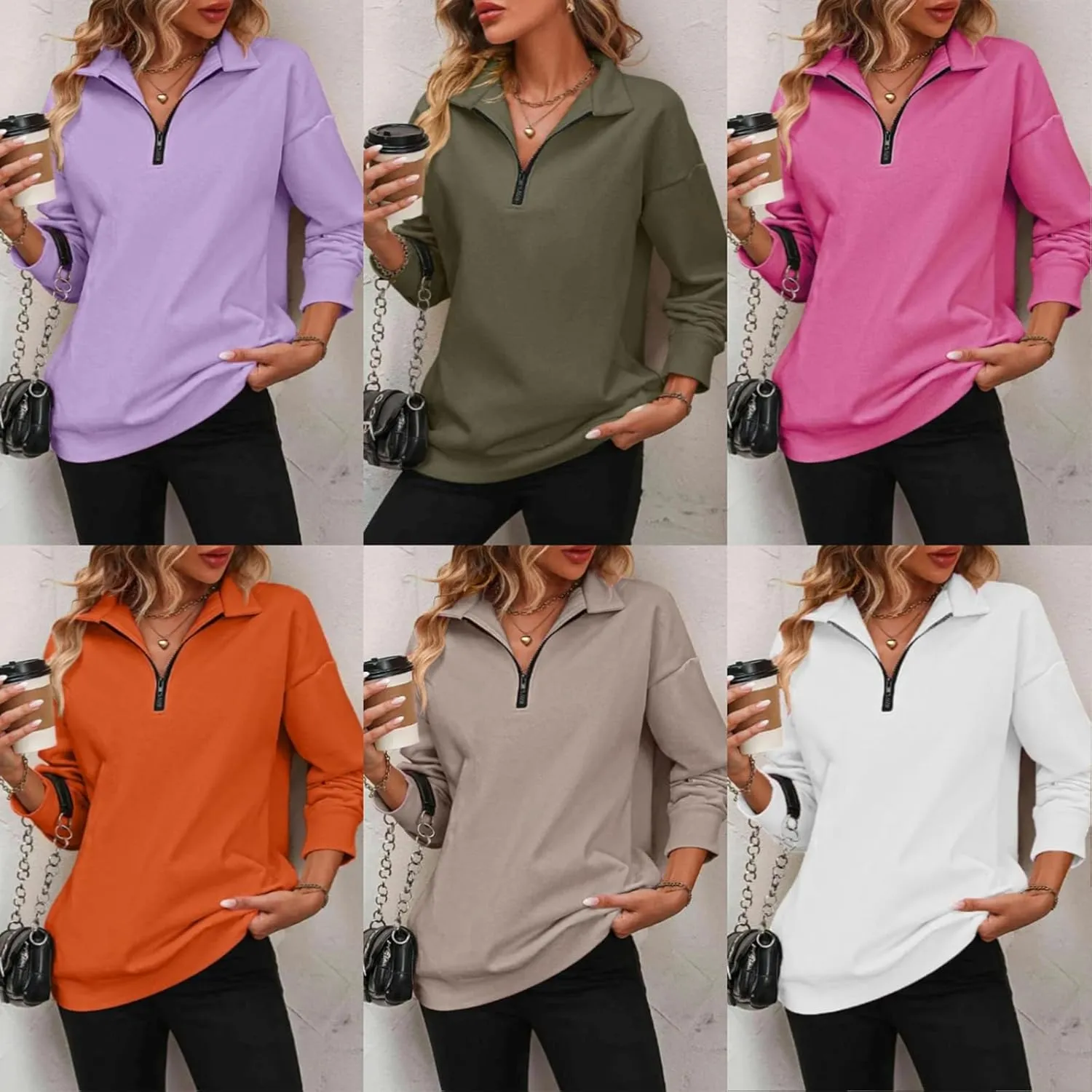 Womens Zip-Up Dropped Shoulder Sweatshirt 2025 Fall Winter Long Sleeve Half Zip Pullover Women Oversized Hoodie