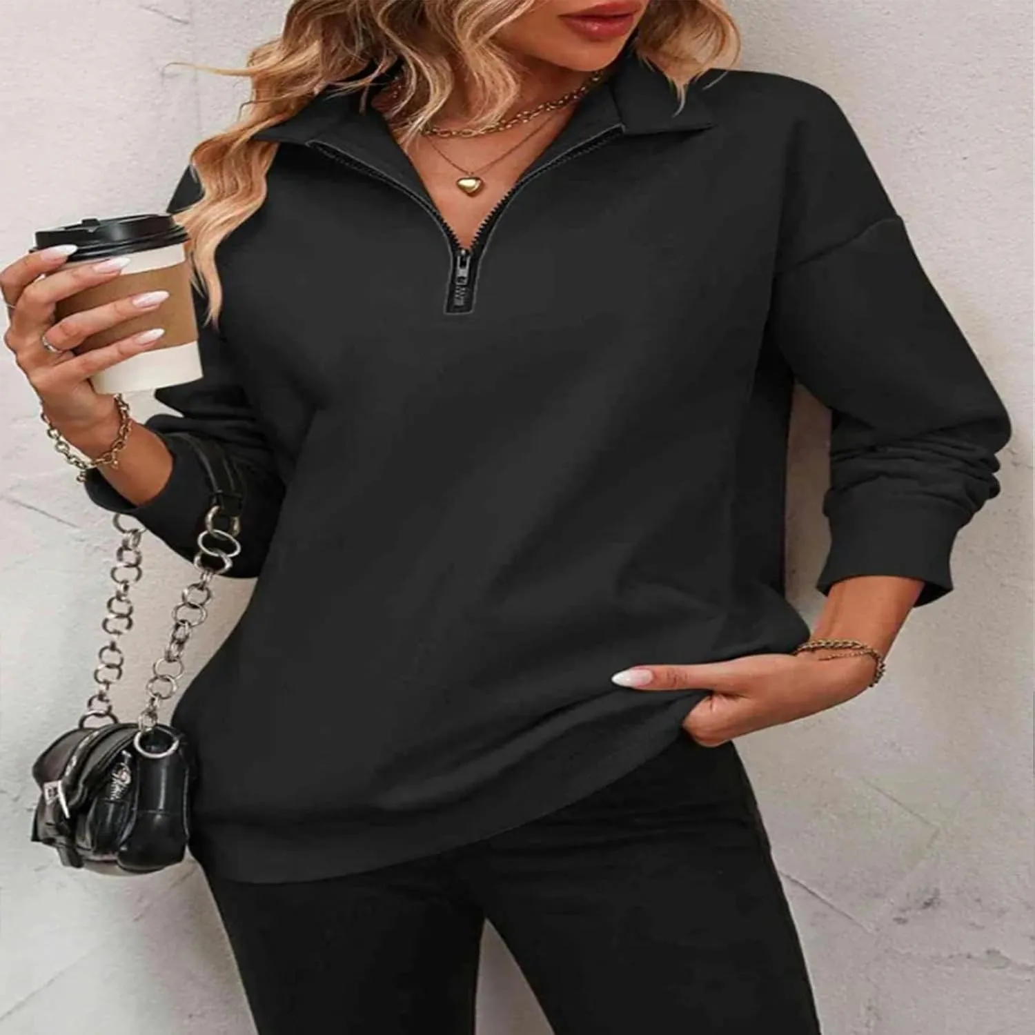 Womens Zip-Up Dropped Shoulder Sweatshirt 2025 Fall Winter Long Sleeve Half Zip Pullover Women Oversized Hoodie