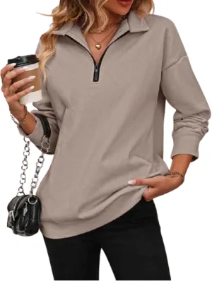 Womens Zip-Up Dropped Shoulder Sweatshirt 2025 Fall Winter Long Sleeve Half Zip Pullover Women Oversized Hoodie
