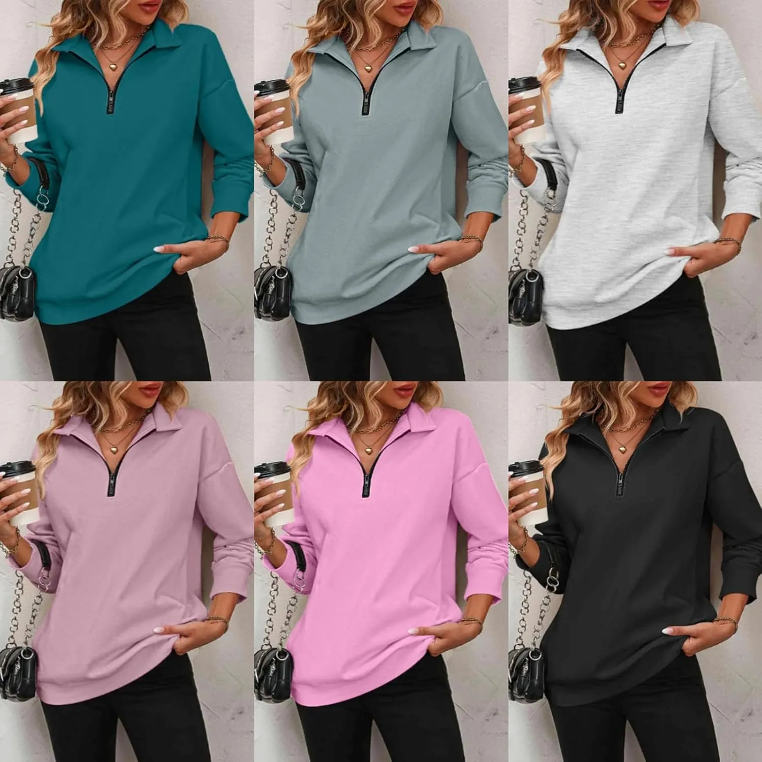 Womens Zip-Up Dropped Shoulder Sweatshirt 2025 Fall Winter Long Sleeve Half Zip Pullover Women Oversized Hoodie