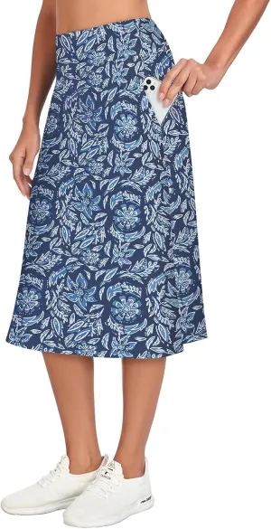 WOWENY Women's Knee Length Skorts Skirts with 3 Pockets Tennis Golf Modest Skirts 24" Midi Length Athletic Skorts(2097-Blue Print, Medium)