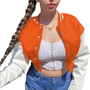 Xaspee Women's Casual Baseball Jacket Faux Leather Colorblock Button Crop Bomber Jacket