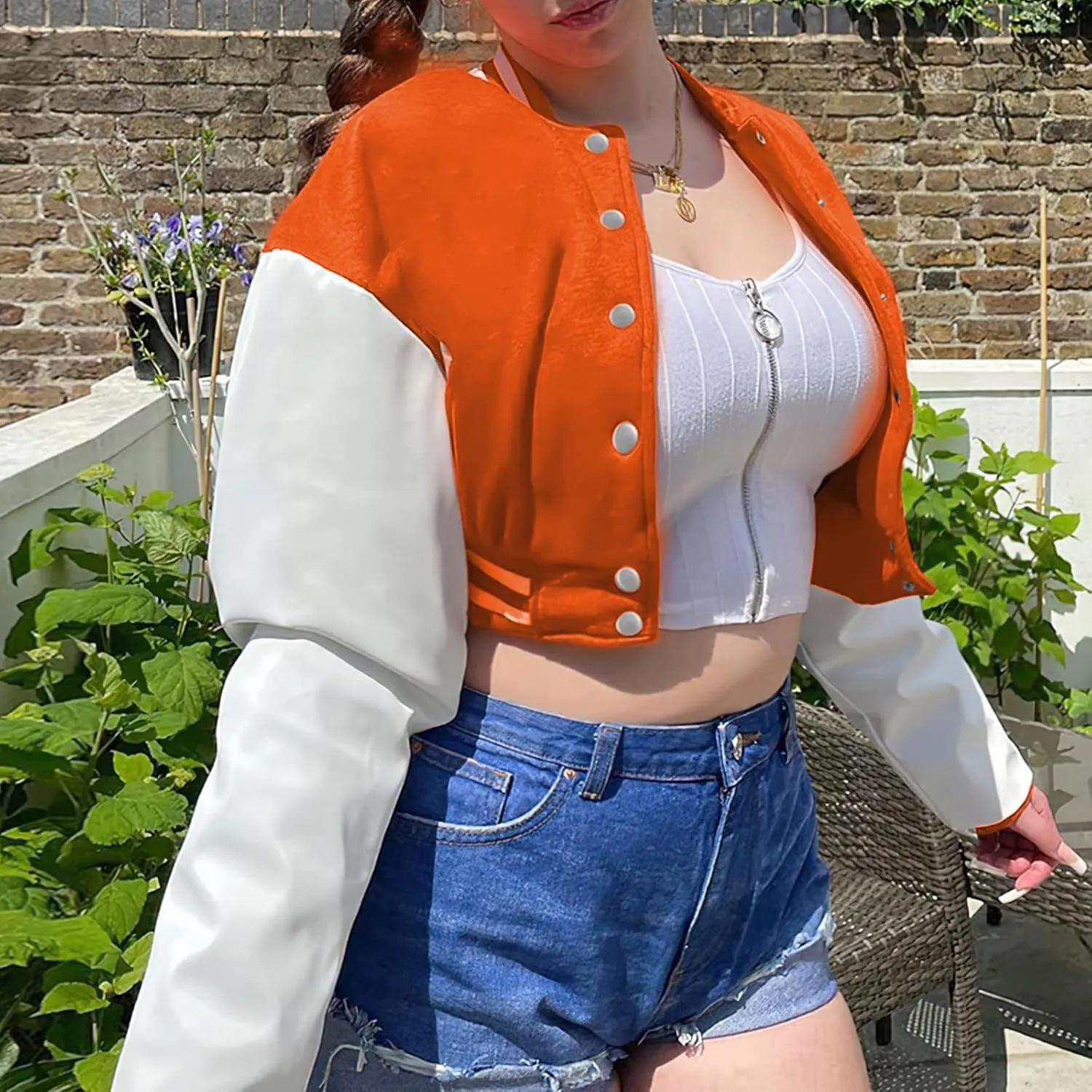 Xaspee Women's Casual Baseball Jacket Faux Leather Colorblock Button Crop Bomber Jacket