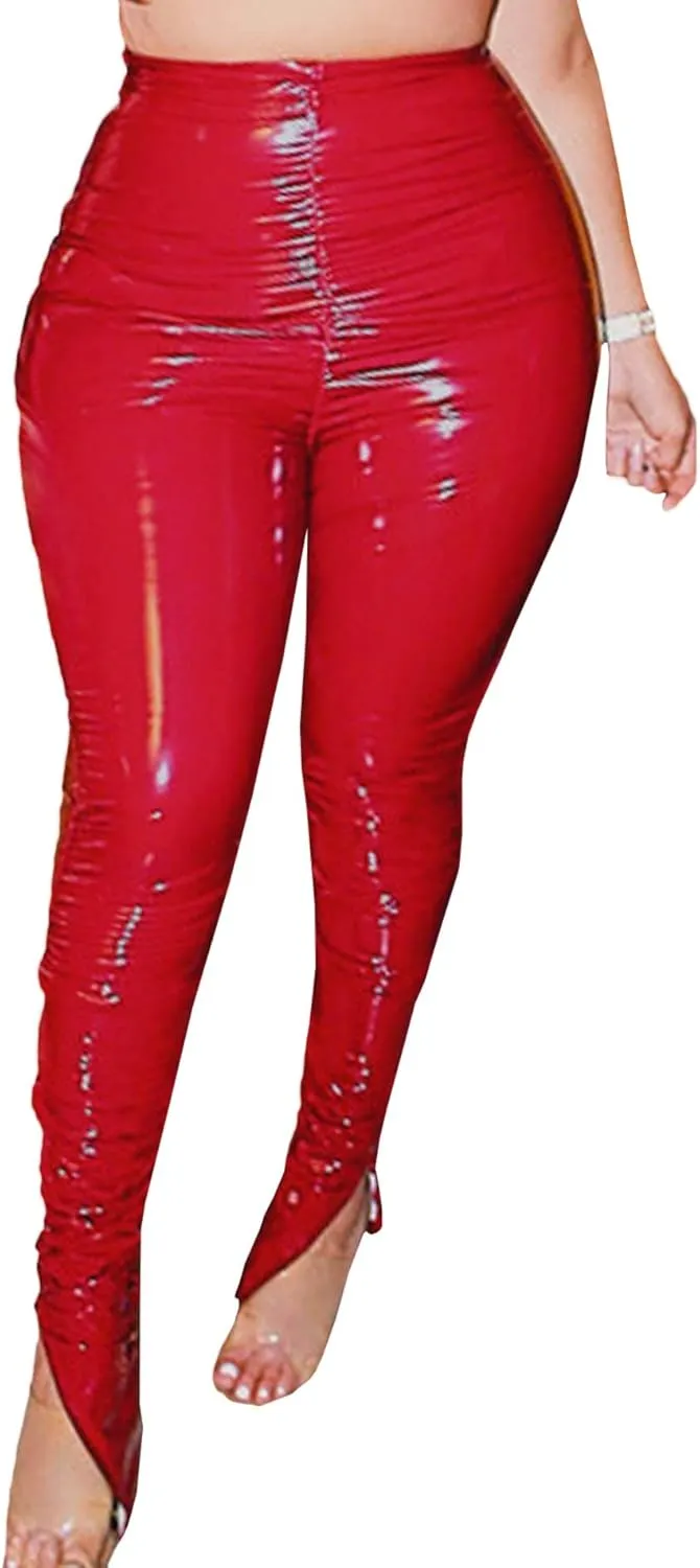 xxxiticat Women's Pleated PU Leather Pants High Wasit Bodycon Ruched Split Hem Faux Leather Club Legging Trousers