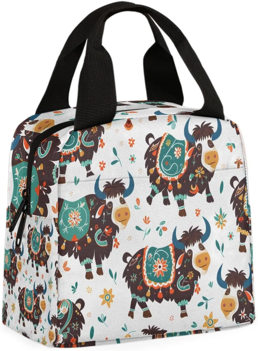 Yak Flower Lunch Bag Cartoon Yak Tote Lunch Bag Reusable Lunch Box Leakproof Cooler Bag
