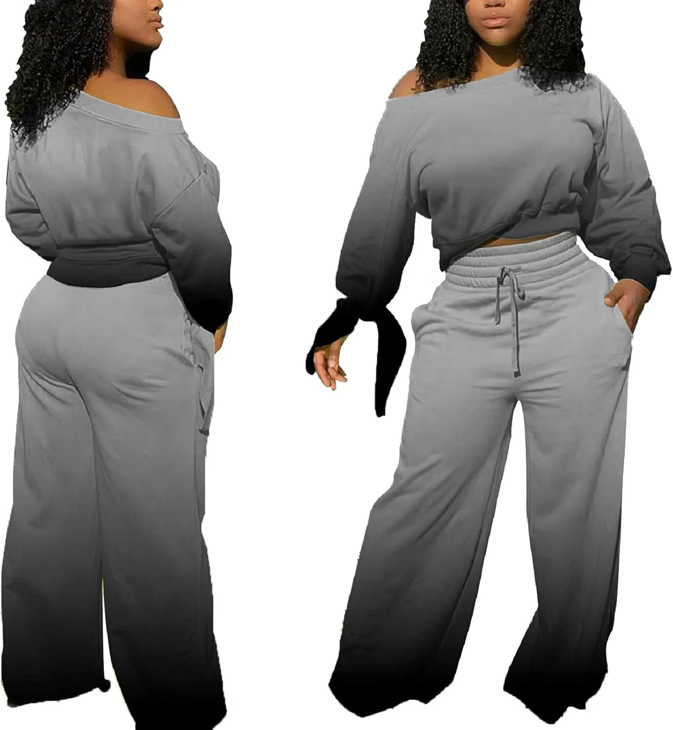 Yiershu Women's 2 Piece Outfits Casual Sweatsuits Long Sleeve Loose Matching Wide Leg Tracksuit Pants Sets with Pockets