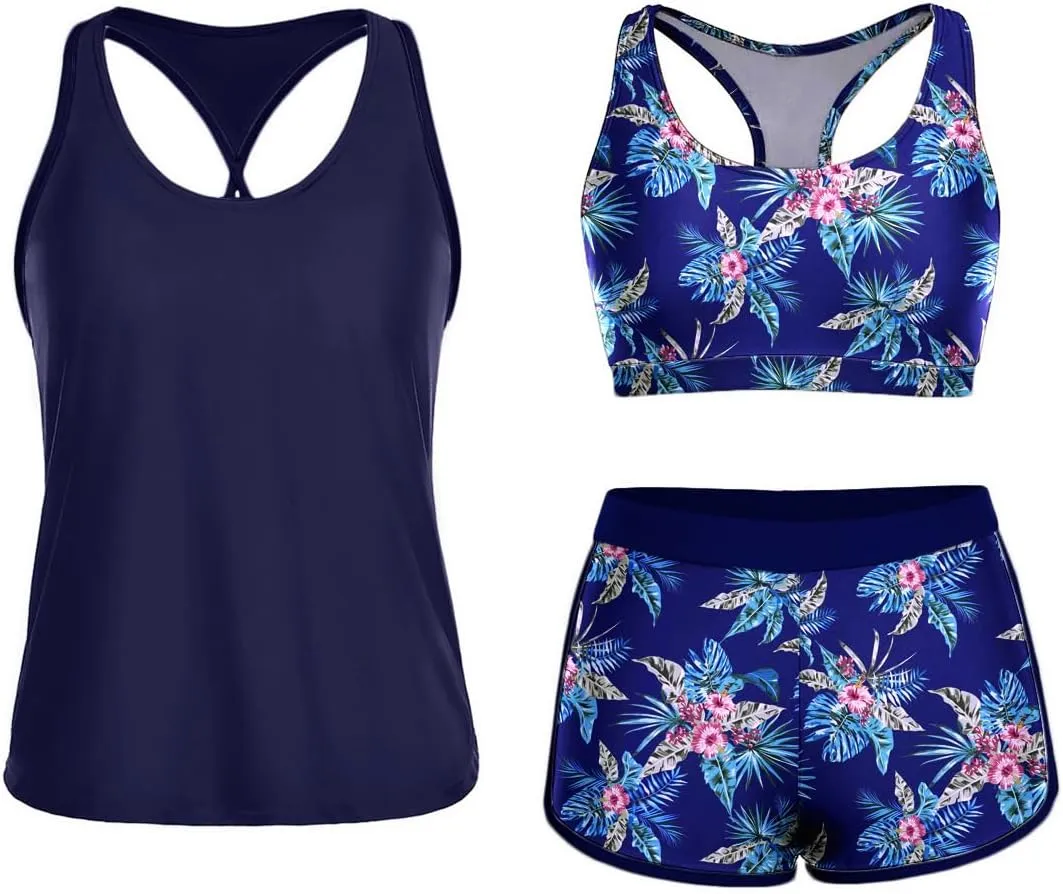 Yonique 3 Piece Athletic Tankini Swimsuits for Women with Shorts Swim Tank Tops with Sports Bra and Boyshorts Bathing Suits